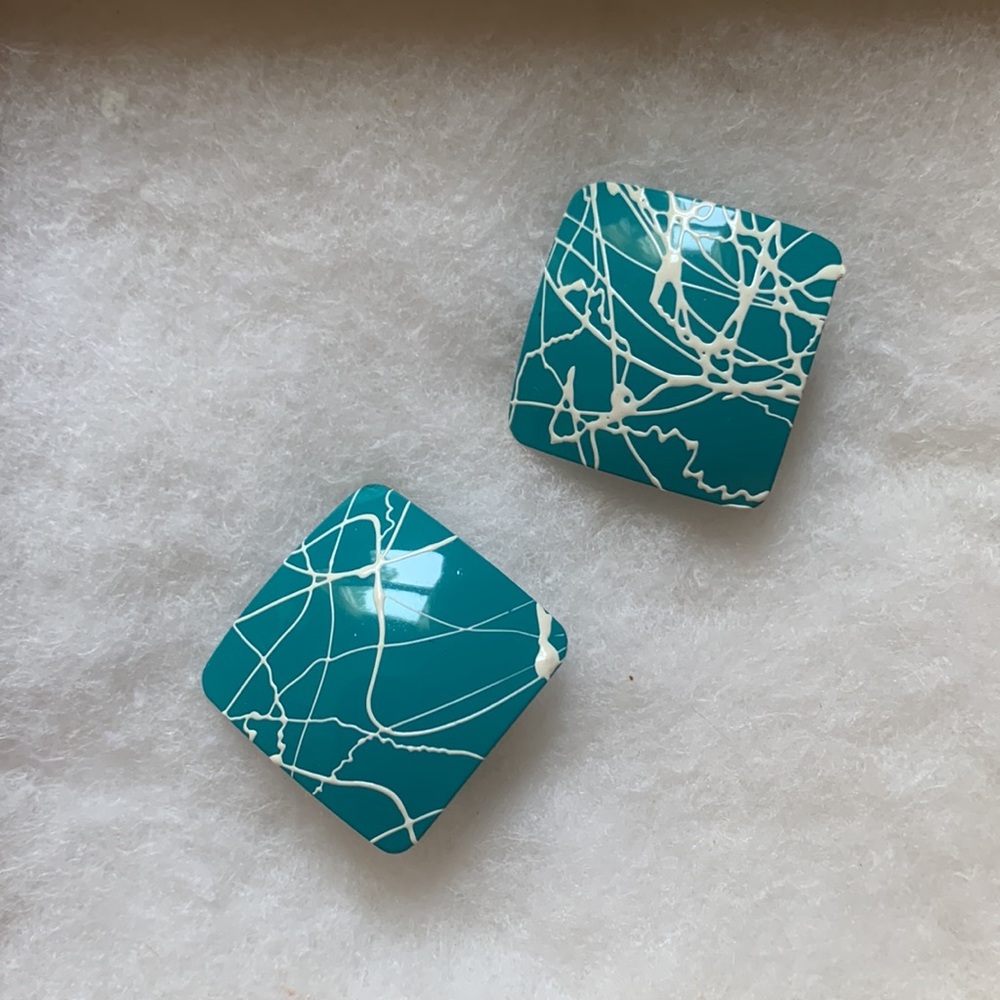 Vintage 1980s Drizzle Paint Earrings - Teal & White